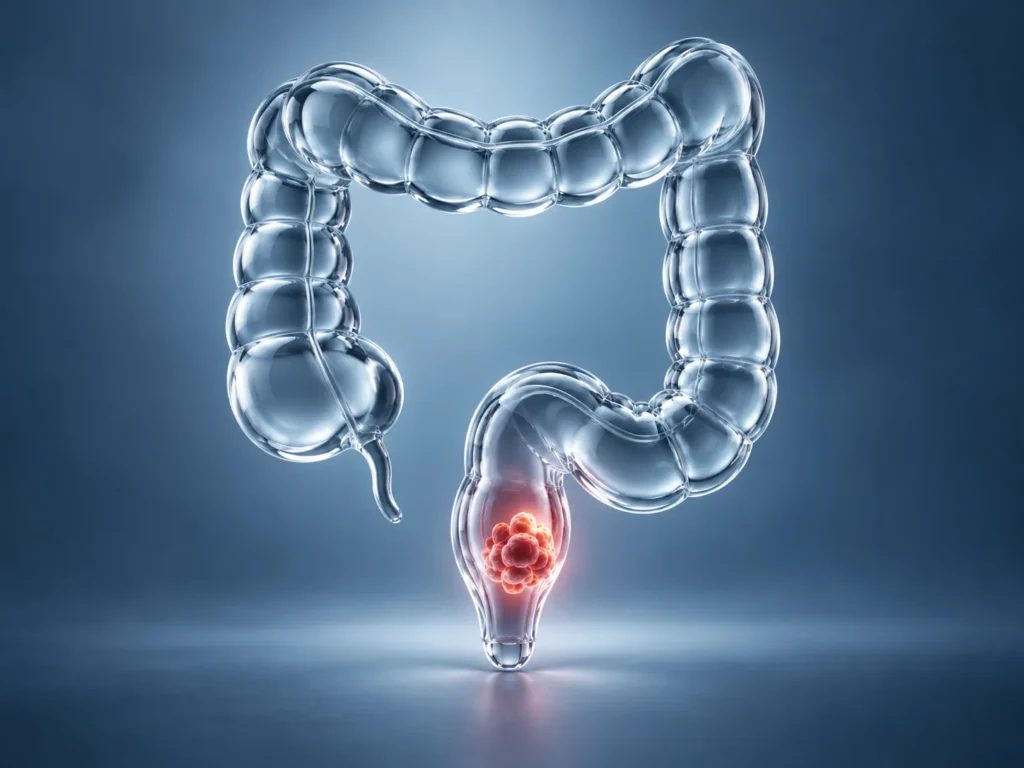 transparent colon with glowing rectal tumour