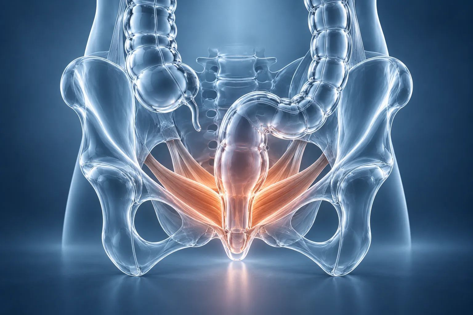 translucent pelvic anatomy with warm muscle glow